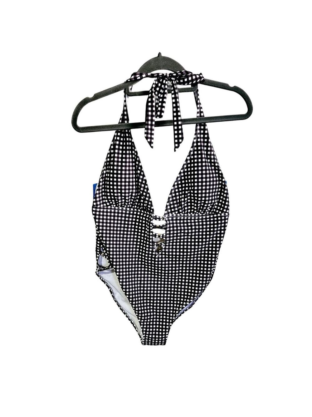 CCX Womens 14 One Piece Bathing Suit Black Gingham Plaid Lattice Cutout Swimsuit